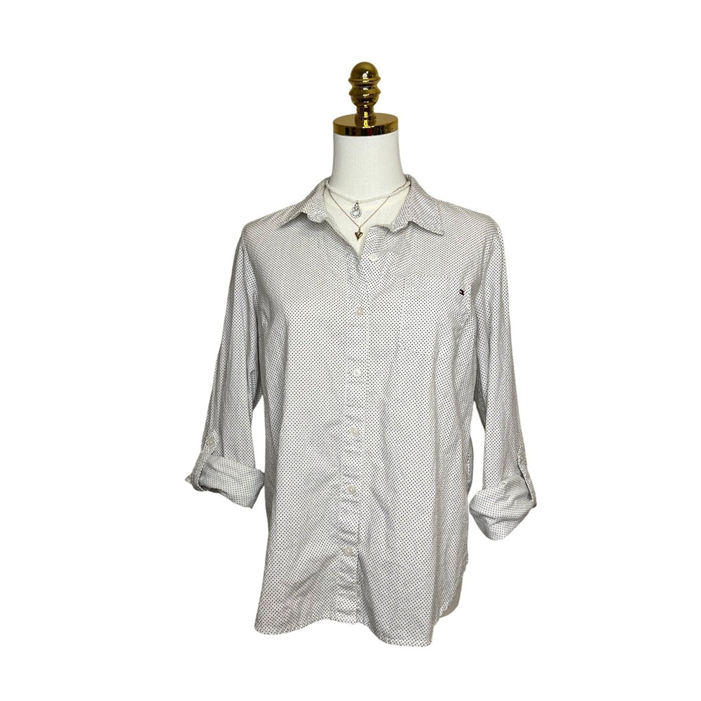 Tommy Hilfiger Womens White Polka Dot Button Down Shirt Long Sleeve Size M